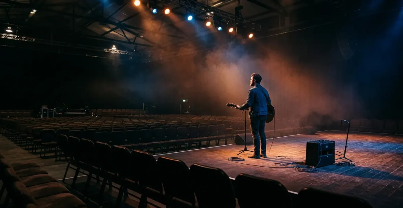 Musician standing alone on dimly lit stage before audience arrives, capturing the moment before performance begins