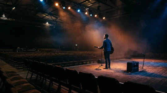 Musician standing alone on dimly lit stage before audience arrives, capturing the moment before performance begins