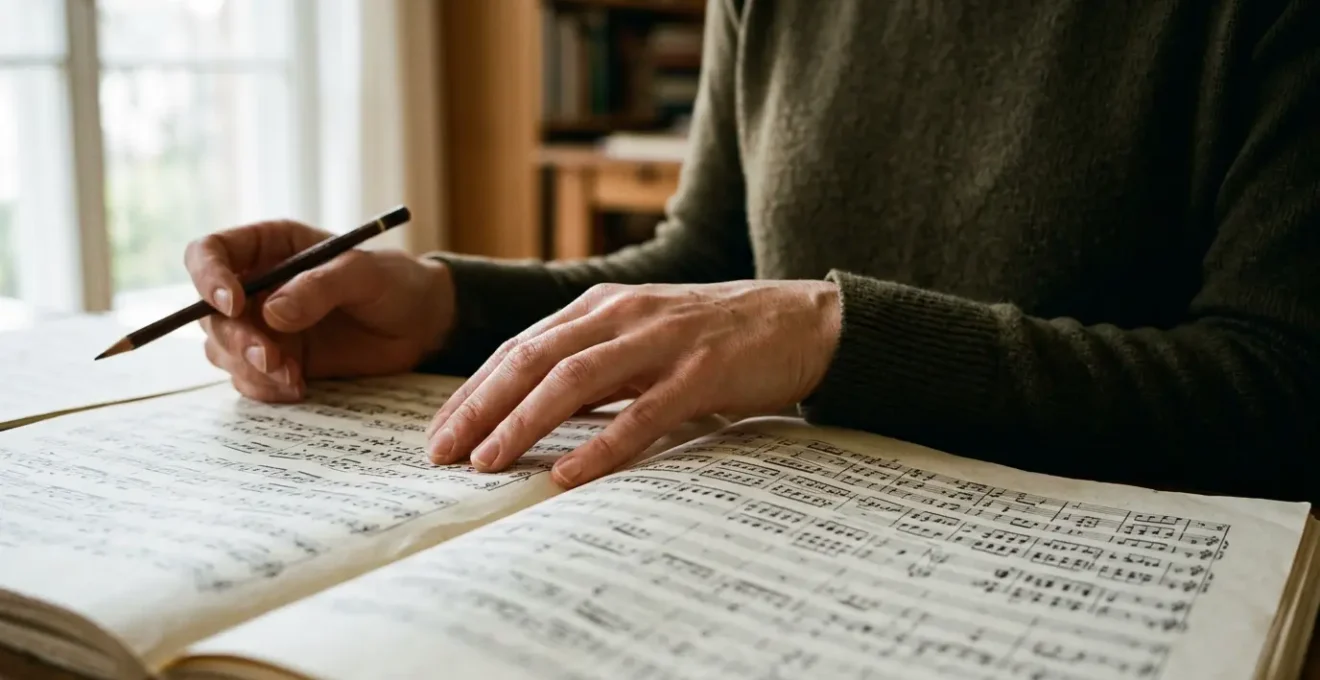 A musician's hands positioned over an open full orchestral score with multiple staves, captured in natural study light