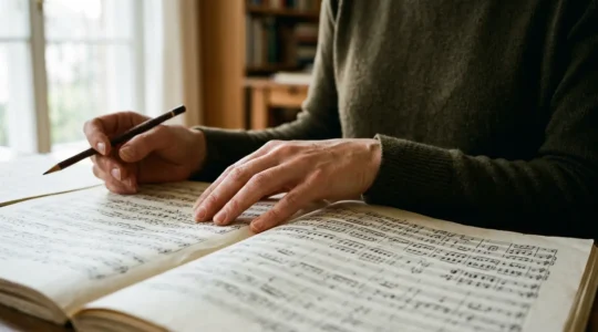 A musician's hands positioned over an open full orchestral score with multiple staves, captured in natural study light