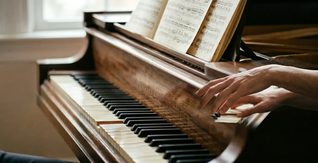 Close-up of pianist's hands on piano keys with detailed sonata score visible, editorial photography style