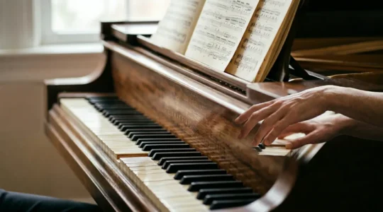 Close-up of pianist's hands on piano keys with detailed sonata score visible, editorial photography style