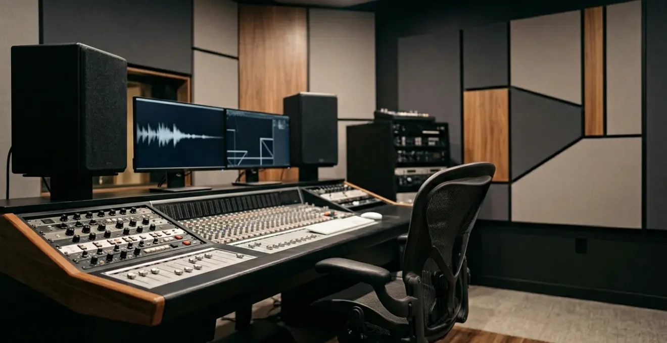 Professional audio mixing engineer working in a modern studio environment with focused attention on technical workflow