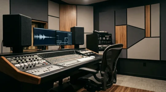 Professional audio mixing engineer working in a modern studio environment with focused attention on technical workflow