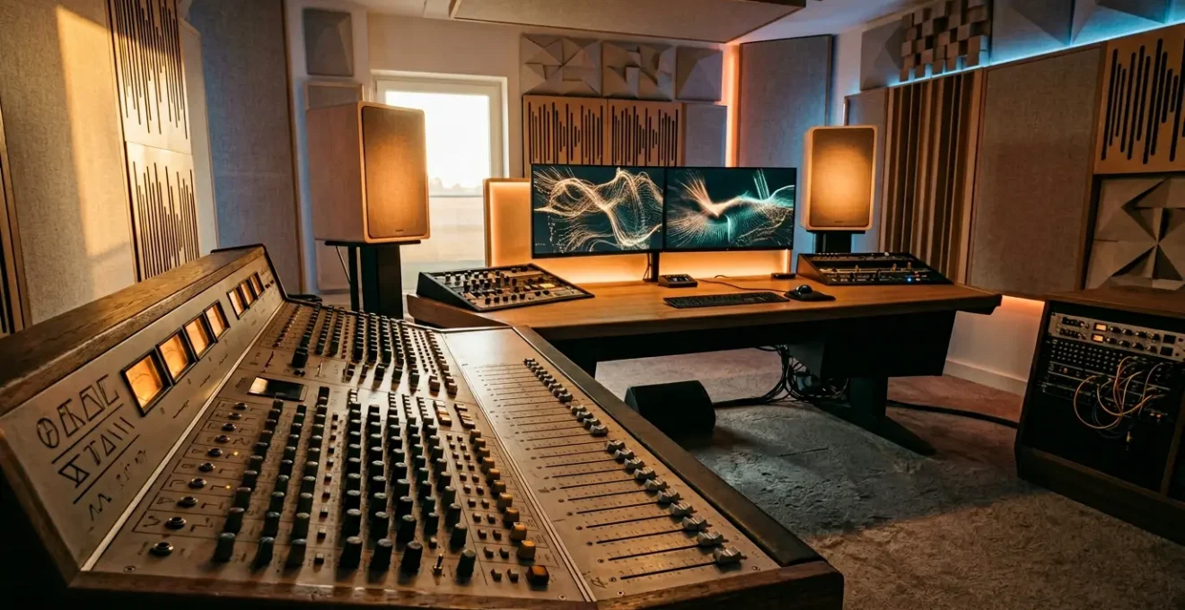 Professional audio production workspace showcasing high-fidelity mixing equipment with warm, dimensional depth