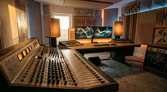 Professional audio production workspace showcasing high-fidelity mixing equipment with warm, dimensional depth