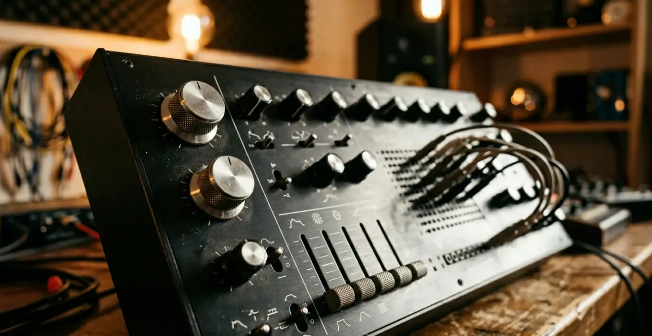 Close-up view of synthesizer control panel showcasing professional sound design workflow