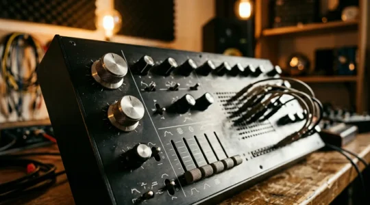 Close-up view of synthesizer control panel showcasing professional sound design workflow