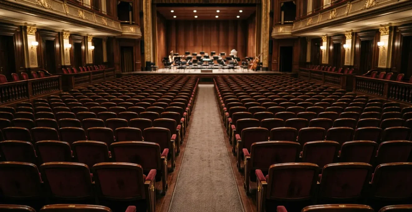Wide-angle photograph of a classical concert hall interior showing rows of elegant empty seats in subdued warm lighting, conveying contemplative stillness and anticipation