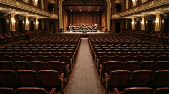 Wide-angle photograph of a classical concert hall interior showing rows of elegant empty seats in subdued warm lighting, conveying contemplative stillness and anticipation