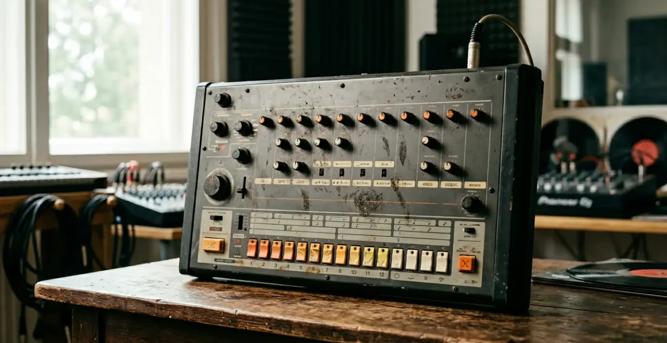 A minimalist composition showing a drum machine surrounded by subtle organic imperfections symbolizing the tension between perfect quantization and human groove feel