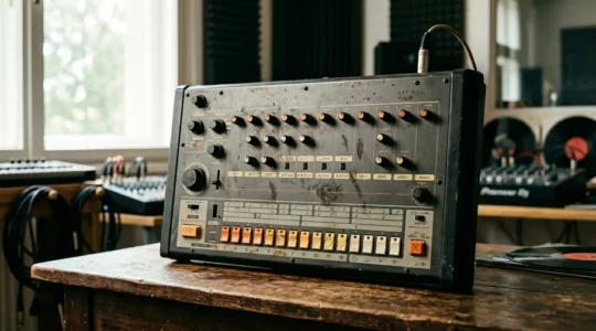 A minimalist composition showing a drum machine surrounded by subtle organic imperfections symbolizing the tension between perfect quantization and human groove feel