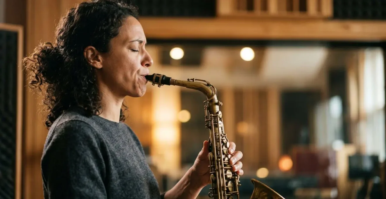 Saxophone player with focused embouchure producing resonant tone in warm natural light