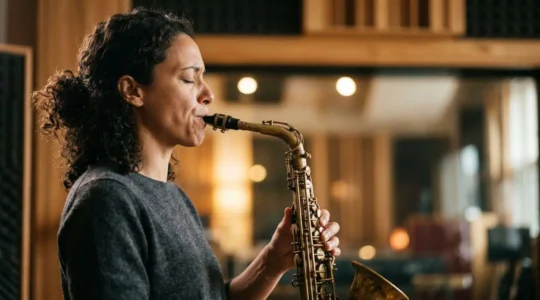 Saxophone player with focused embouchure producing resonant tone in warm natural light
