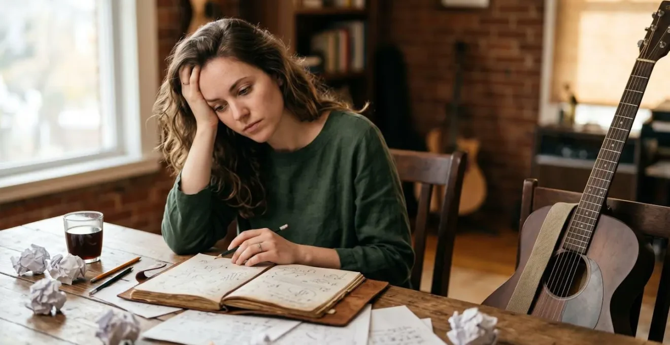Frustrated songwriter at desk with instrument surrounded by crumpled paper showing creative stagnation