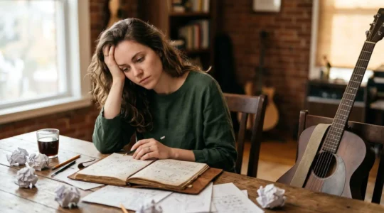 Frustrated songwriter at desk with instrument surrounded by crumpled paper showing creative stagnation