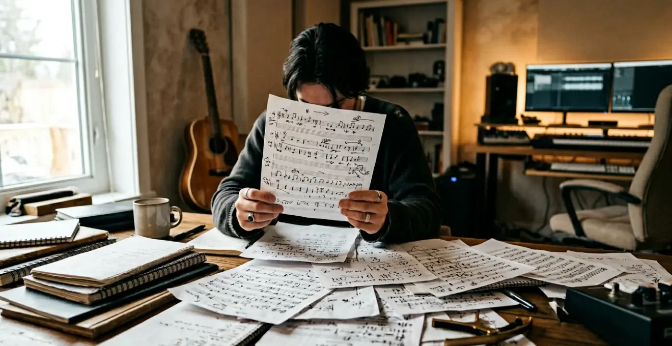 Professional songwriter reviewing multiple creative ideas in modern home studio environment