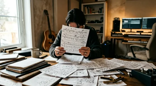 Professional songwriter reviewing multiple creative ideas in modern home studio environment