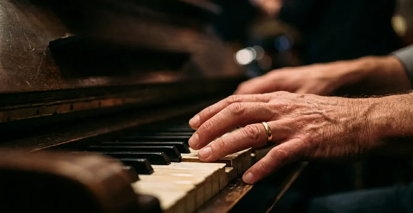 Close-up of jazz musician's hands playing piano with nuanced touch and rhythmic precision