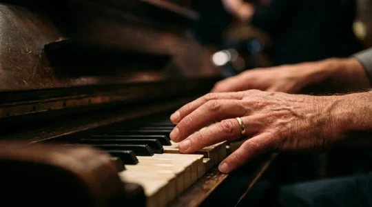 Close-up of jazz musician's hands playing piano with nuanced touch and rhythmic precision