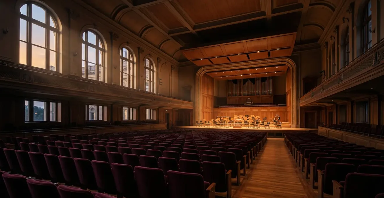 A listener experiencing symphonic music in a contemplative concert hall environment