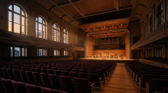 A listener experiencing symphonic music in a contemplative concert hall environment
