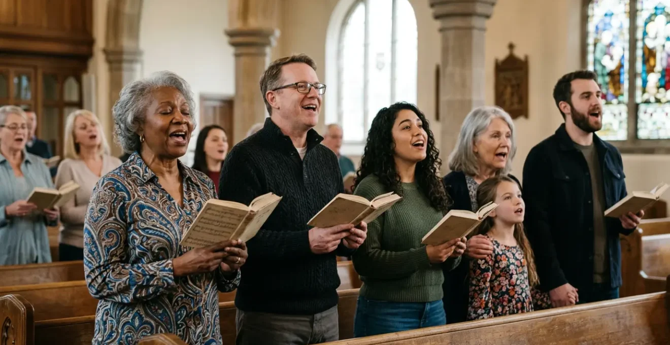 Diverse congregation singing together in natural church light with authentic expressions of communal worship