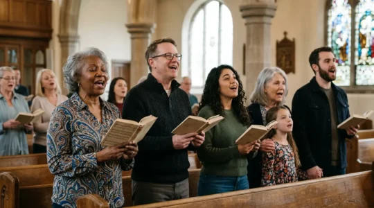 Diverse congregation singing together in natural church light with authentic expressions of communal worship