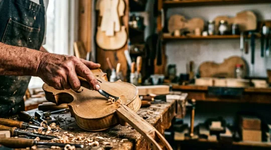 Master luthier carefully shaping violin wood in dimly lit traditional workshop
