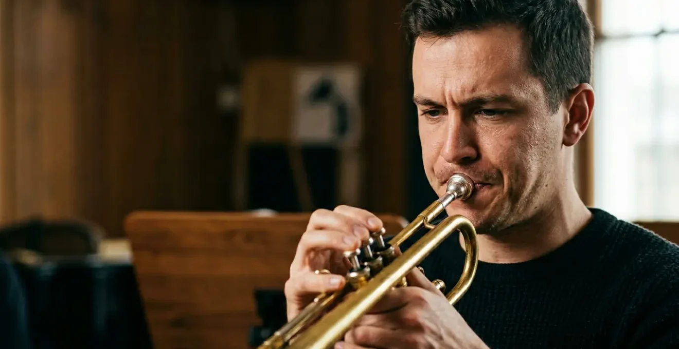 Professional trumpet player demonstrating proper embouchure technique with minimal tension during extended practice session