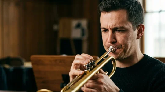 Professional trumpet player demonstrating proper embouchure technique with minimal tension during extended practice session
