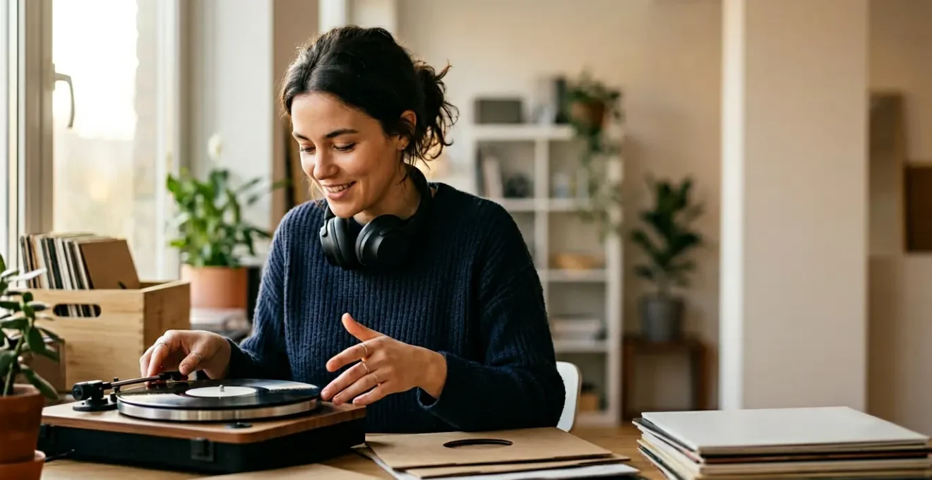 A person curating music playlist surrounded by floating sound waves and abstract musical energy