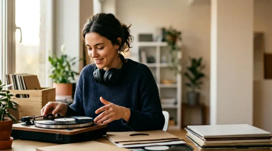 A person curating music playlist surrounded by floating sound waves and abstract musical energy
