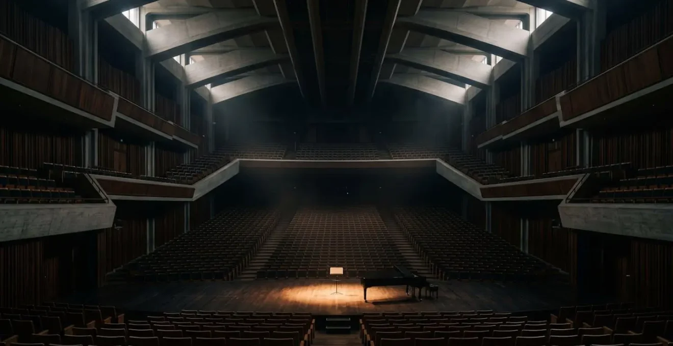 Wide environmental shot showing acoustic space with dramatic contrast between light and shadow representing dynamic range