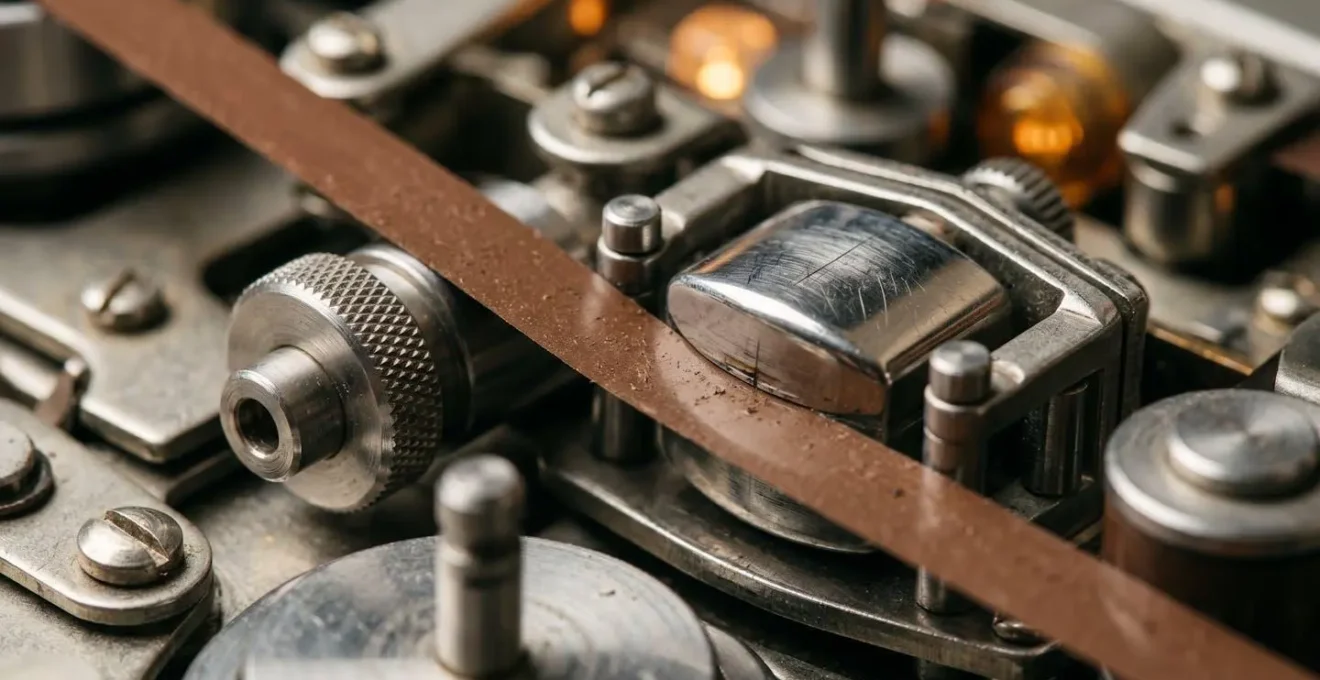 Extreme close-up of vintage tape machine mechanical components showing magnetic tape threading through recording heads and metal guides with warm metallic textures