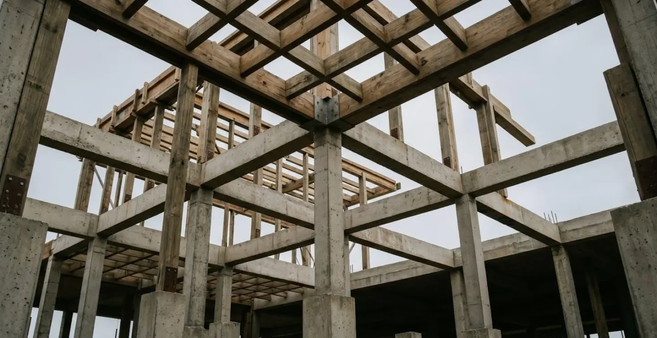 Wide environmental shot showing structural foundation elements with emphasis on base and support