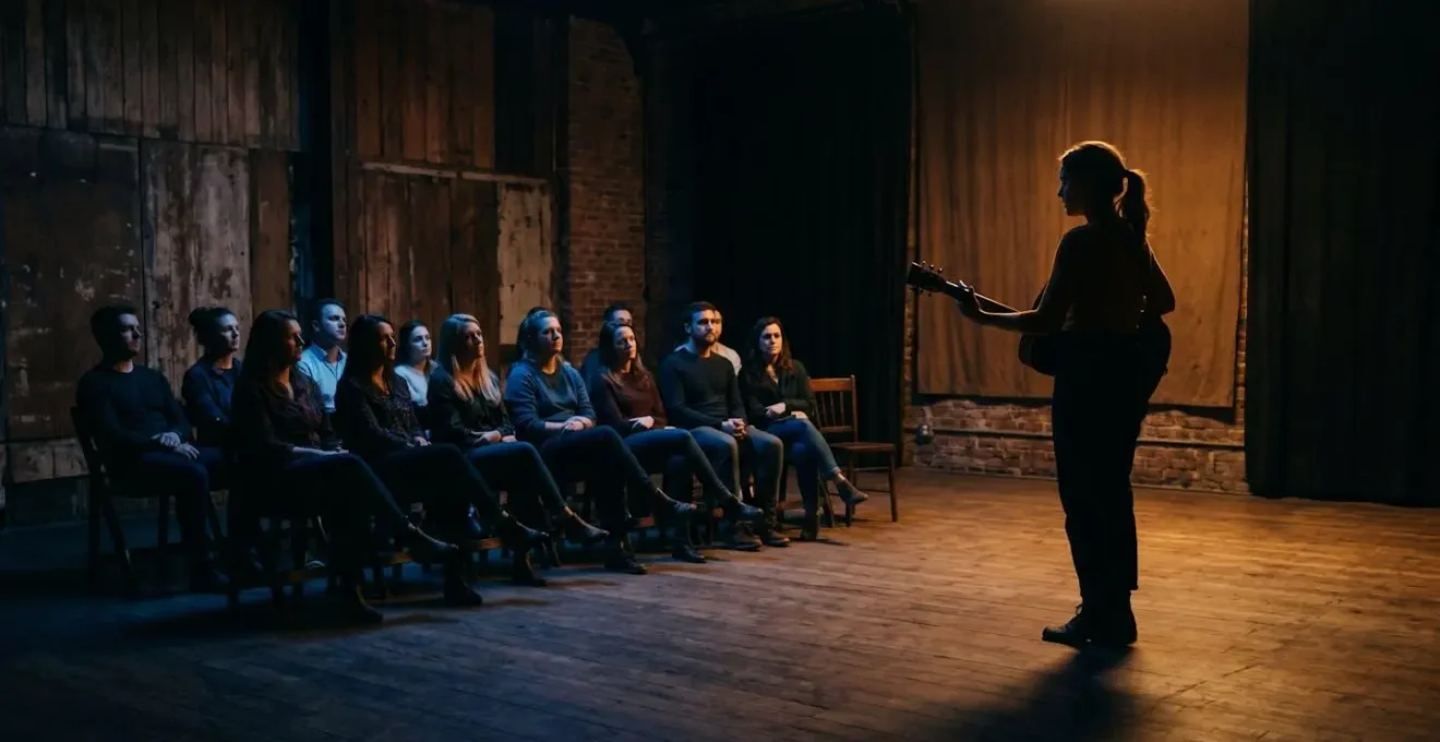Wide environmental shot showing the relationship between performer and engaged audience in an intimate music venue