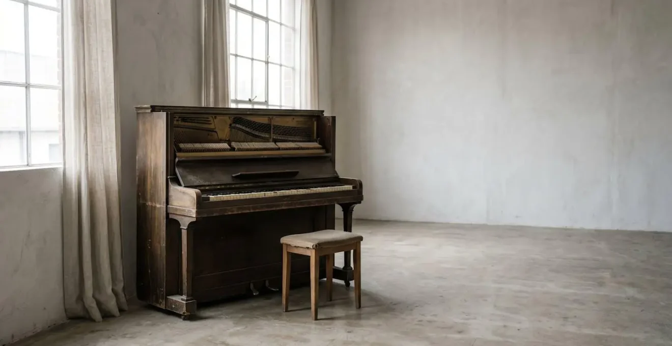 Weathered piano keys with subtle imperfections capturing authentic musical vulnerability