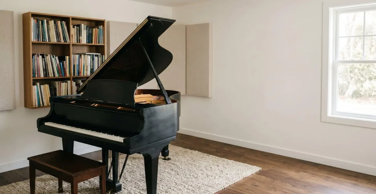 Medium shot of baby grand piano in appropriately sized teaching studio with natural light and acoustic balance