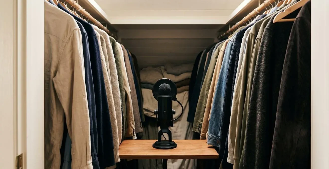 Wide environmental shot of a minimalist closet recording space with hanging fabrics and warm natural lighting creating a dry acoustic environment