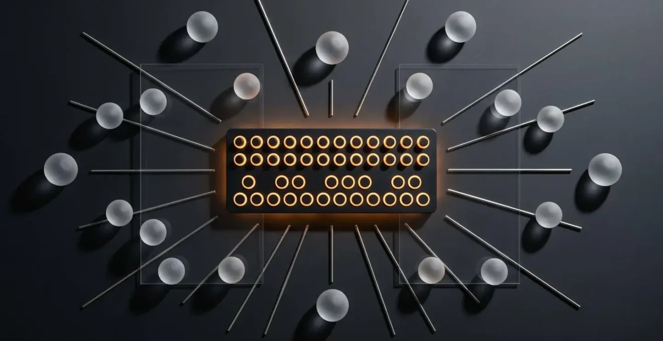 Abstract composition showing light flowing in two directions between physical controls and a digital interface, representing bi-directional MIDI mapping