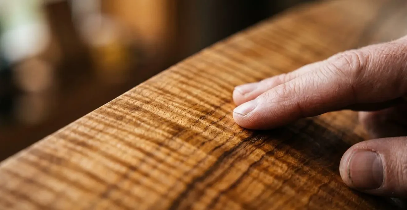 Close-up of luthier's hands examining flame maple wood grain under natural light