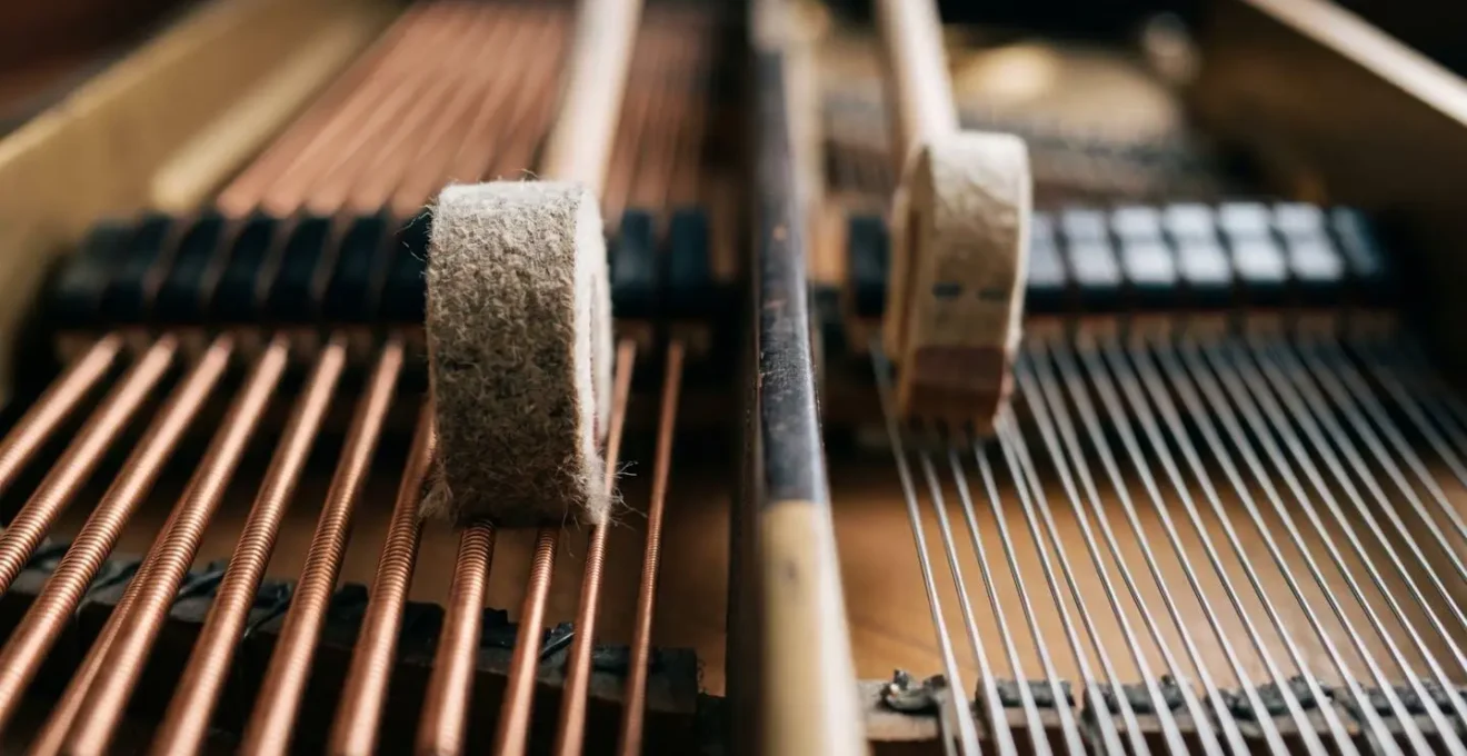 Macro view of piano chord voicing showing register separation and harmonic spacing