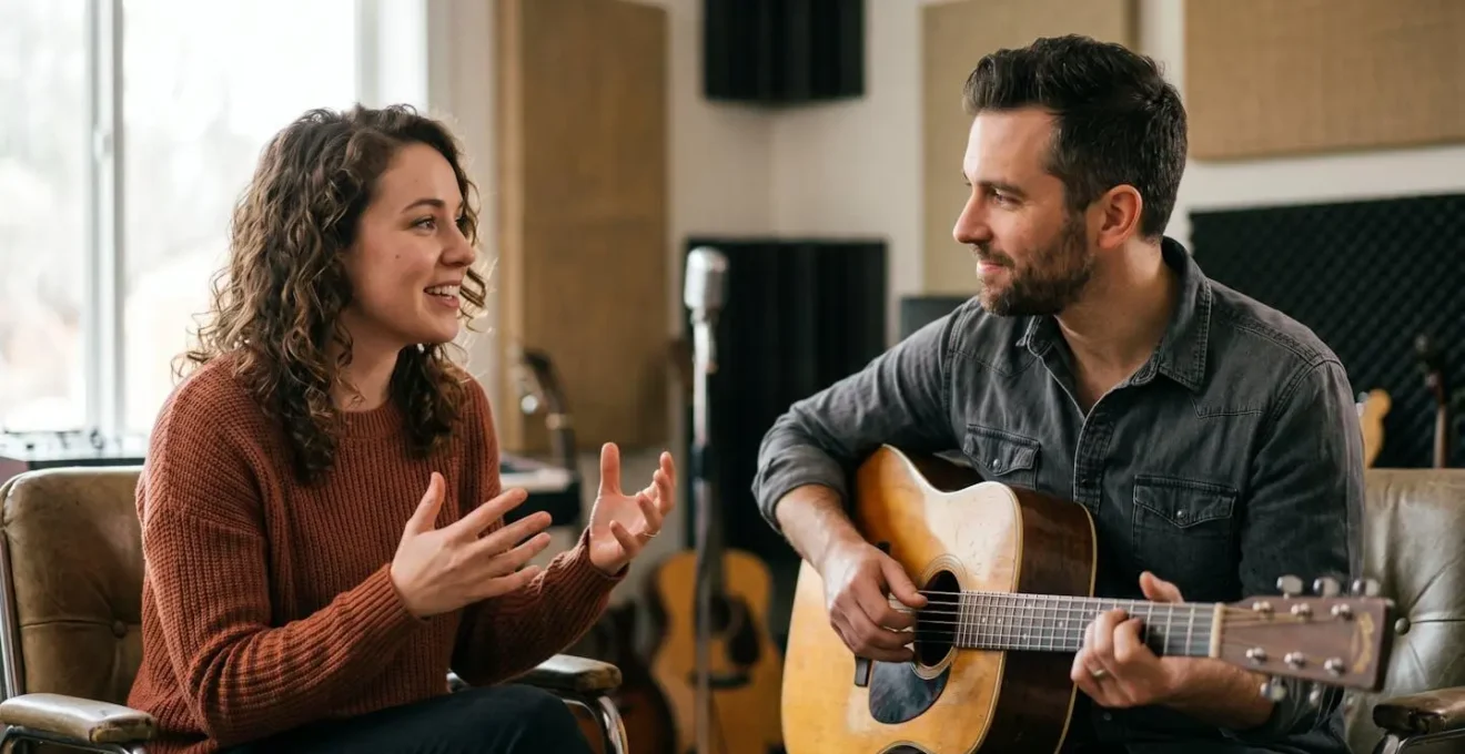 Two songwriters collaborating in a studio with acoustic instruments, demonstrating creative energy and teamwork.