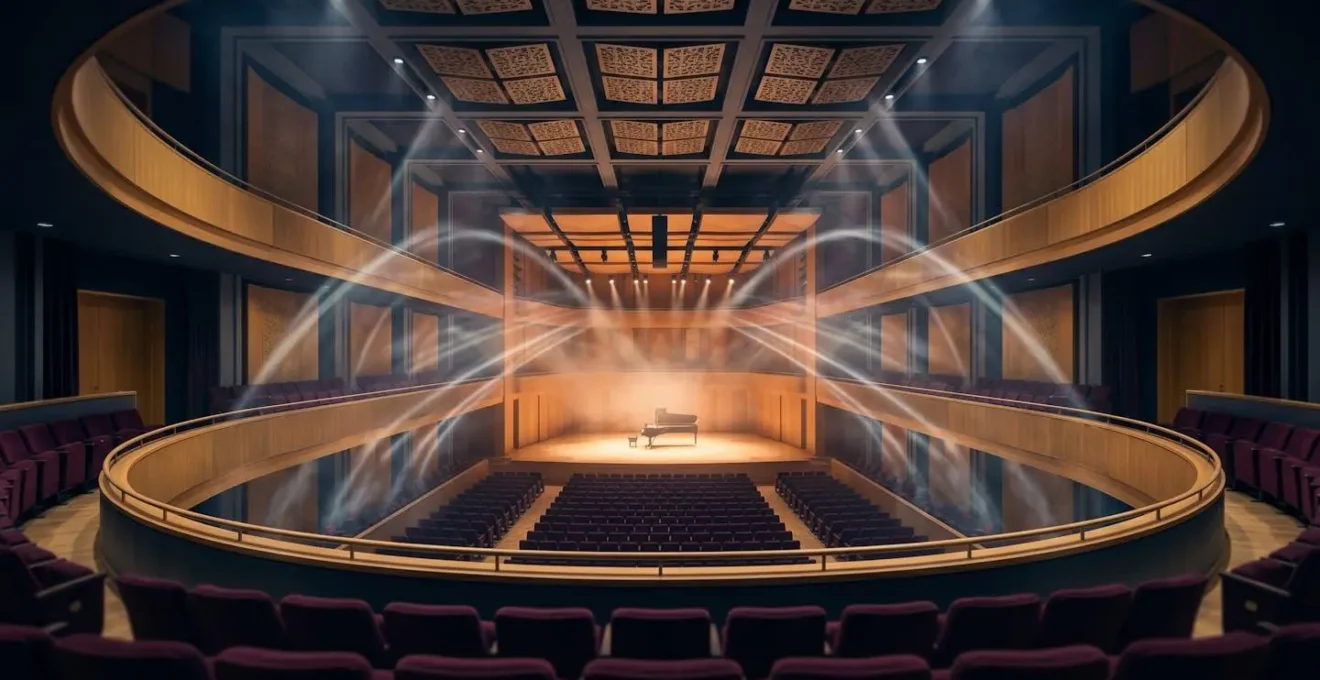 Abstract representation of sound waves traveling through a concert hall space showing directional patterns and reflections