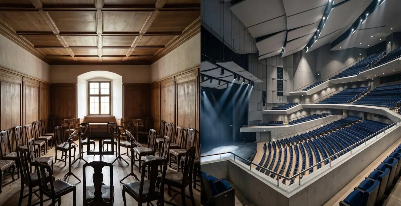 Wide environmental contrast between intimate Baroque chamber and large modern concert hall