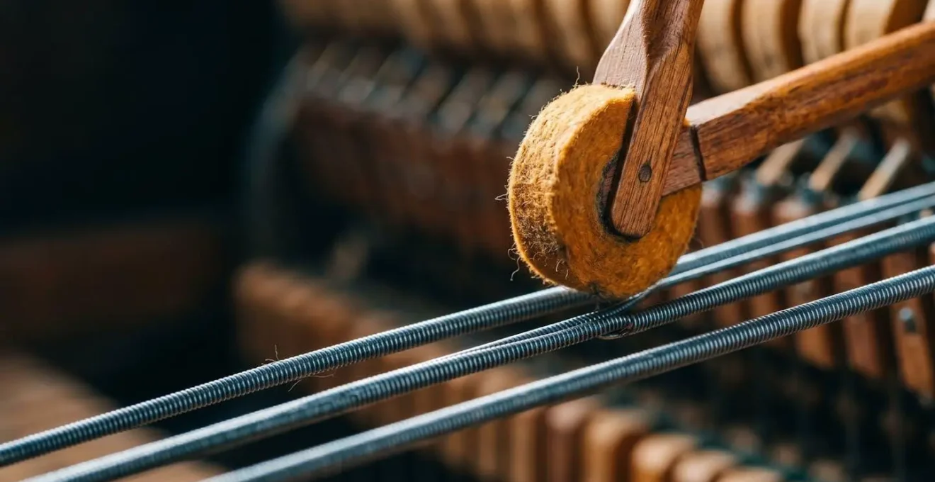 Extreme macro photograph of piano strings and dampers capturing the physical tension of suspended chord harmonics