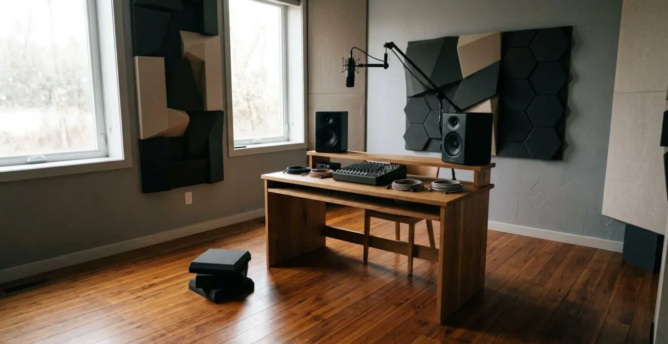 Clean minimalist recording studio space with ambient natural light and intentional negative space