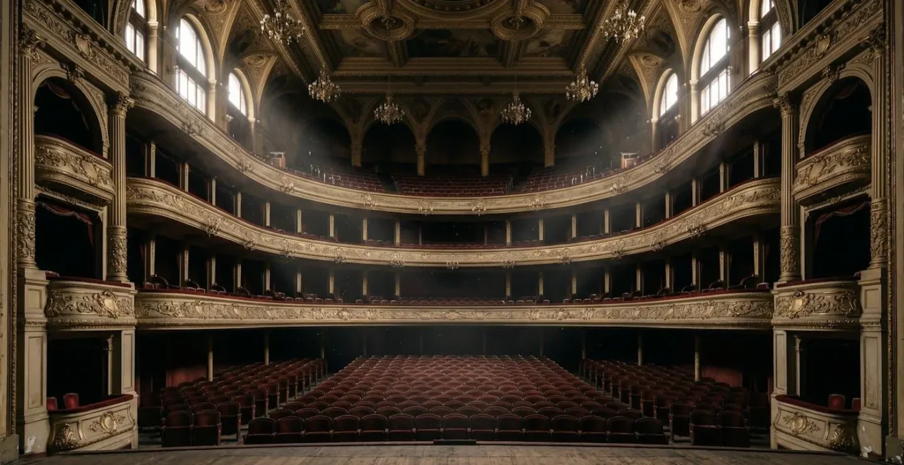 Wide shot of an empty historic concert hall capturing the scale and silence of forgotten musical spaces