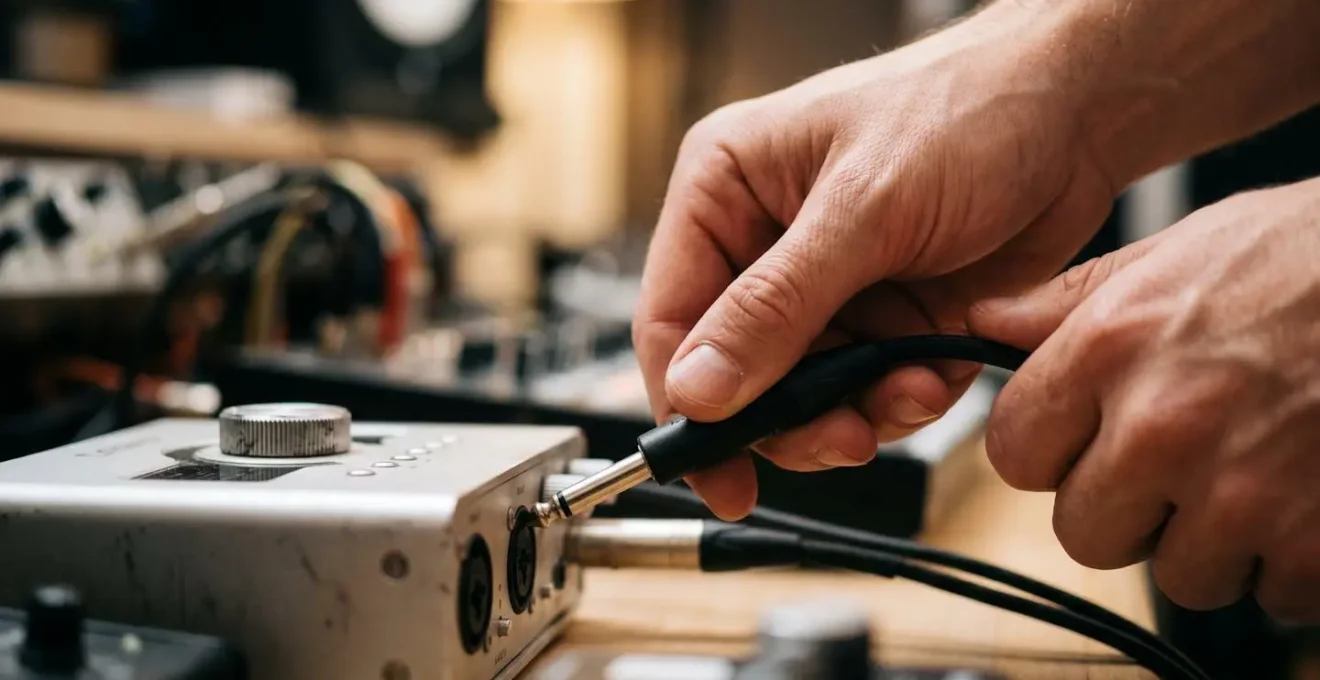 Human and emotional close-up showing hands carefully connecting guitar cable to audio interface Hi-Z input